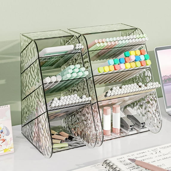 Clear Plastic Desktop Organizer with Slant Plug | Multi-Functional Stationery & Cosmetic Storage Box for Office & Student Supplies | 2-Piece Set