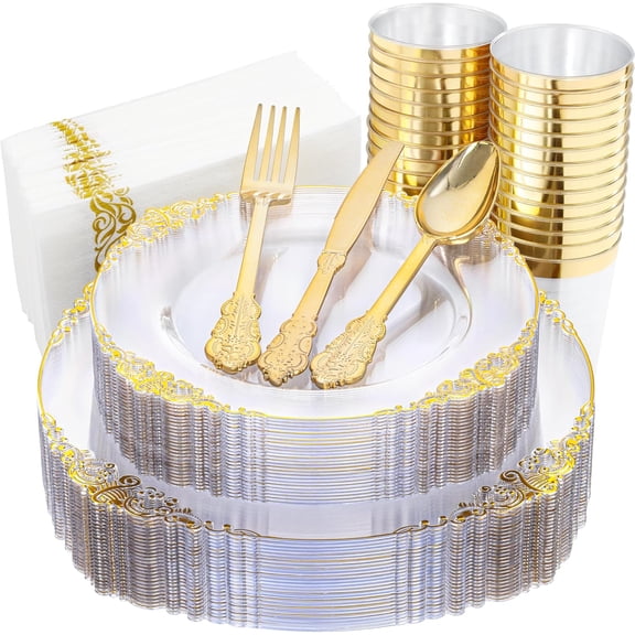 Clear Plastic Dinnerware Set for 25 Guests 25 Dessert Plates 7.5 in 25 Dinner Plates 10.25 in 75 Utensils 25 Cups 10 oz 25 Napkins BPA-Free
