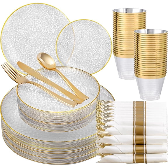 Clear Plastic Disposable Plate Set for 25 Guests with Dinner Plates Dessert Plates Cups and Cutlery