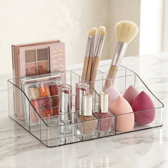 Clear Plastic Divided Makeup Organizer Tray, Multi-Compartment Cosmetic Storage Holder for Dresser Countertop & Bathroom Vanity, Holds Lipsticks, Makeup Brushes and Skincare Products