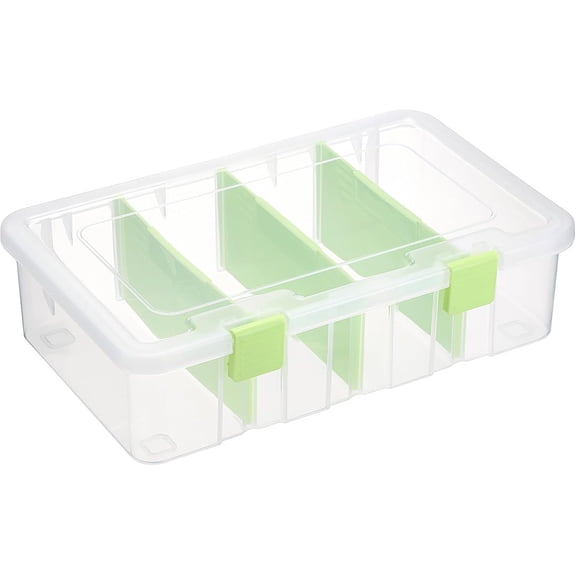 Clear Plastic Dividing Storage Box with 4 Compartments Adjustable Storage Bin with Lid Plastic Craft Storage Container Multipurpose Sewing Box Art Supply Organizer, 13.3x8.1x3.4 Inches, Green