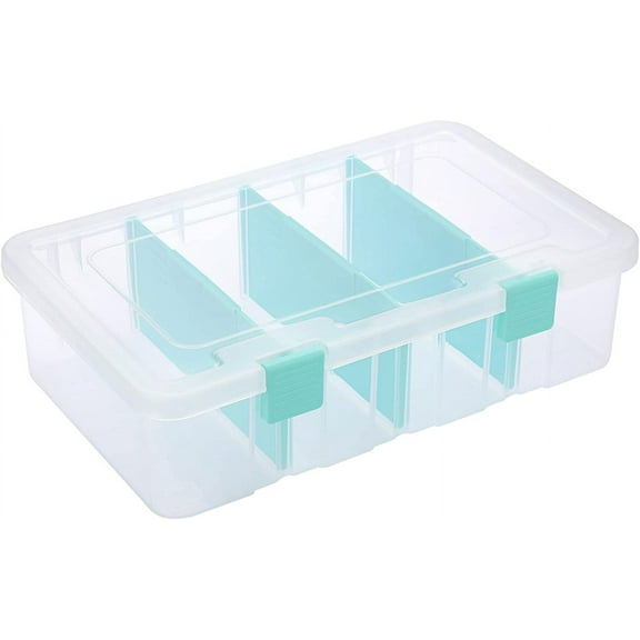 Clear Plastic Dividing Storage Box with 4 Compartments Adjustable Storage Bin with Lid Plastic Craft Storage Container Multipurpose Sewing Box Art Supply Organizer, 13.3x8.1x3.4 Inches