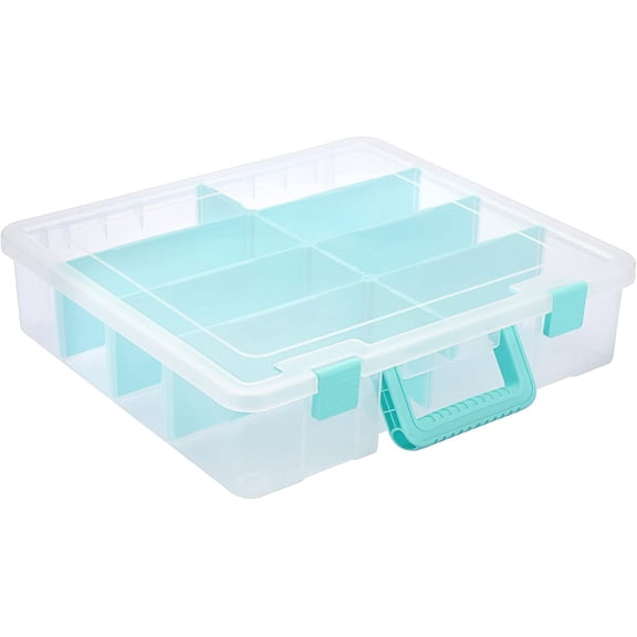 Clear Plastic Dividing Storage Box with 8 Compartments Adjustable Storage Bin with Lid Portable Craft Storage Container Multipurpose Sewing Box Art Supply Organizer, 15.1x13.9x3.5 Inches