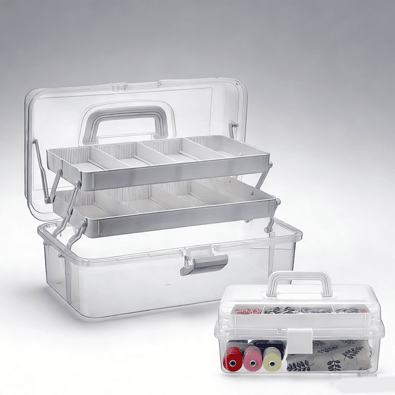 Clear Plastic Dividing Storage Box with Adjustable Spacers and Handles, Multipurpose Organizer for Craft, Art Supplies, Sewing and Home Utility