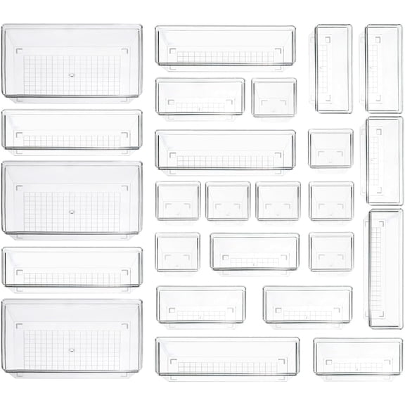 Clear Plastic Drawer Organizer Storage - 25Pcs 4 Size Desk Bathroom Kitchen Organizers and Accessories Office Organization, Vanity Stackable Drawers Bins Trays Containers Dividers Makeup Sets