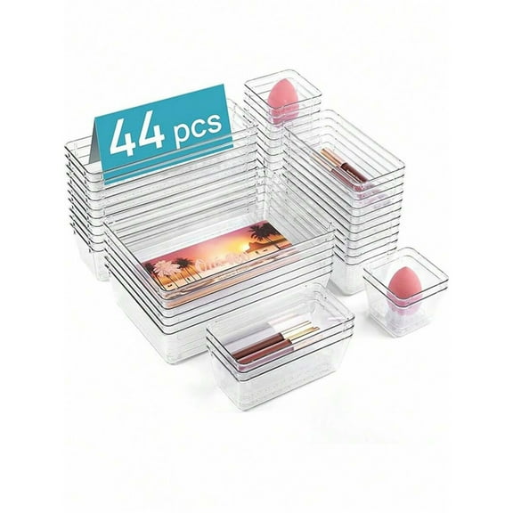 Clear Plastic Drawer Organizers Set - 4-Size Versatile Trays, Ideal for Bathroom Vanity, Bedroom, Kitchen Gadgets/Utensils & Office Storage