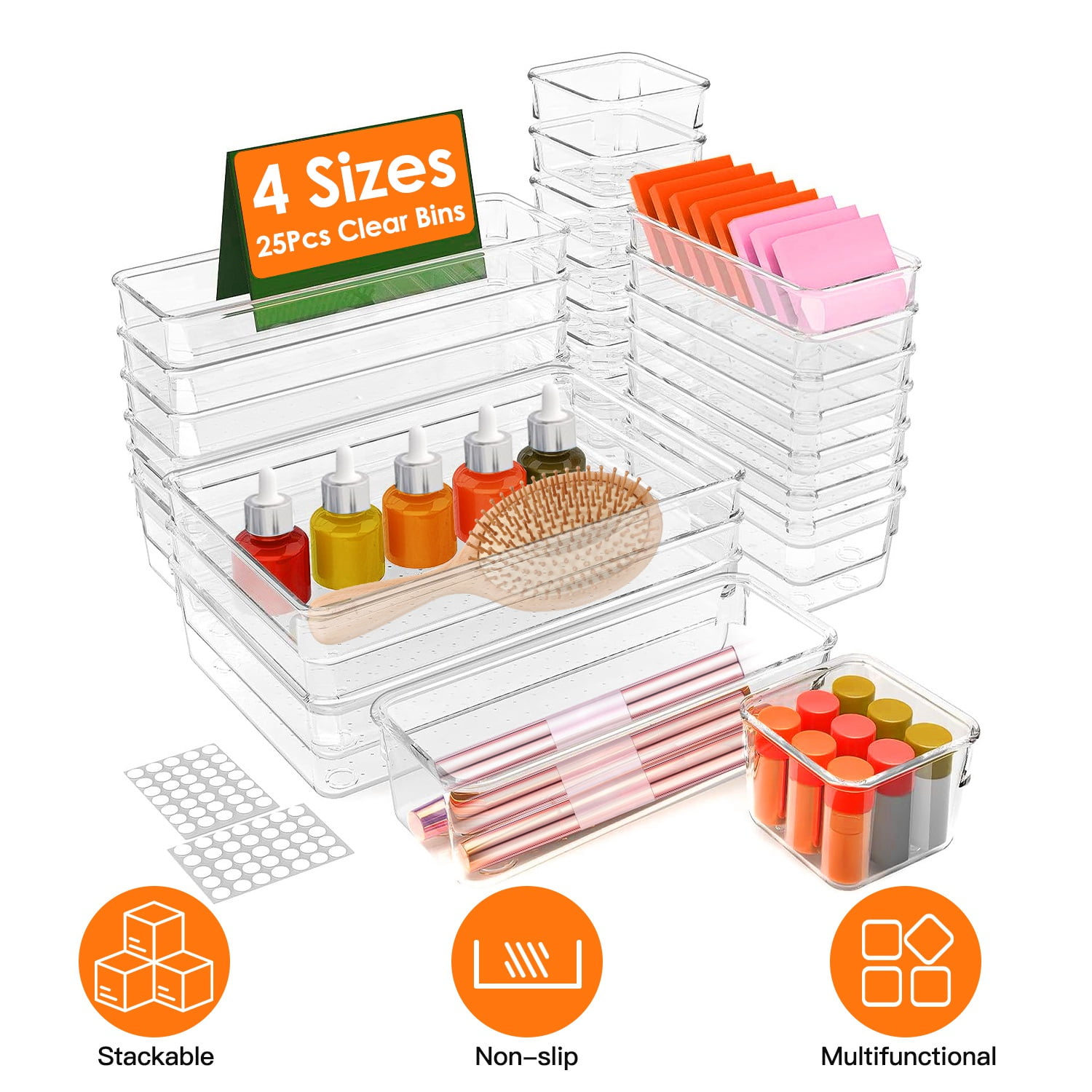 Clear Plastic Stackable Drawer Organizers Set, 25 Pieces, 4 Sizes