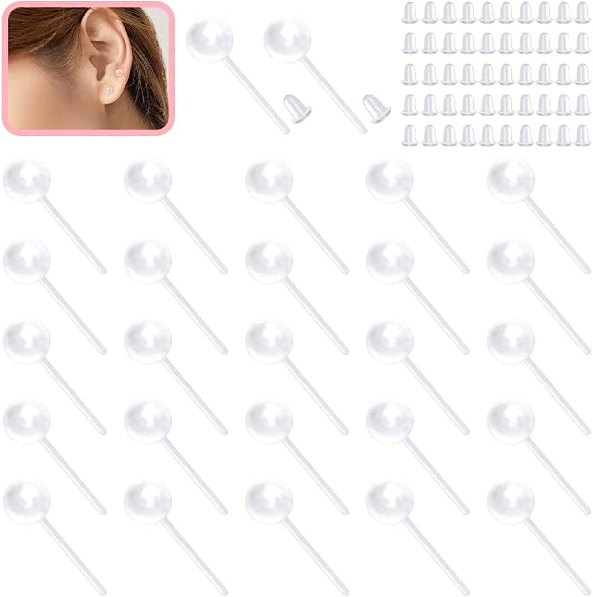 Clear Plastic Earrings For Sports, Clear Stud Earrings, Ball Invisible Earring Posts For Sensitive Ears with Soft Rubber Earring Backs for Surgery and Sleep (200 pieces/100 Pairs)