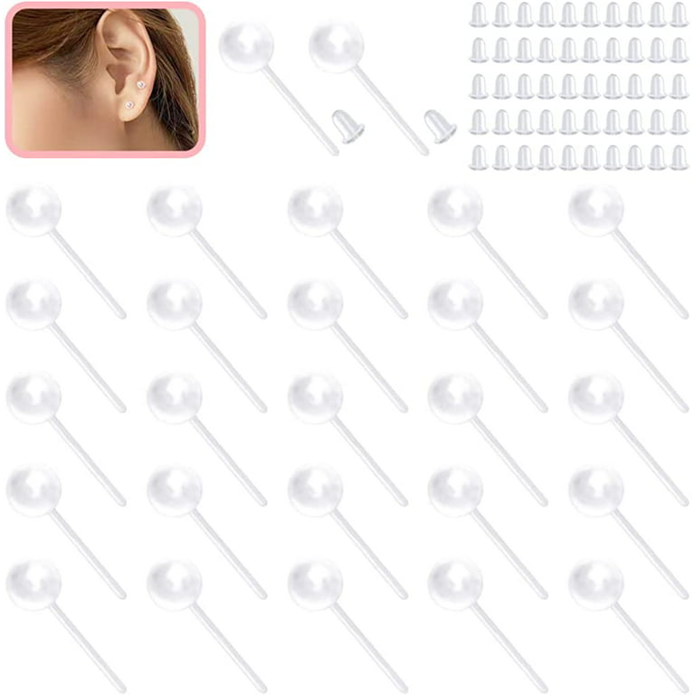 100 Pairs Plastic Earring Posts Clear Ear Pins and Silicone Rubber