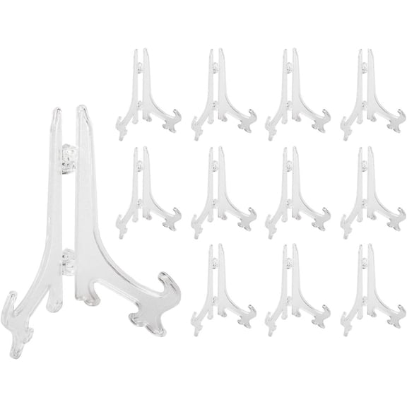 Clear Plastic Easels, 3.5 Mini Display Stands for Light Items 3 oz Capacity Holders for Place Cards, Small Photos, Trading Cards, Table Numbers, and Crafts (12 Pack)