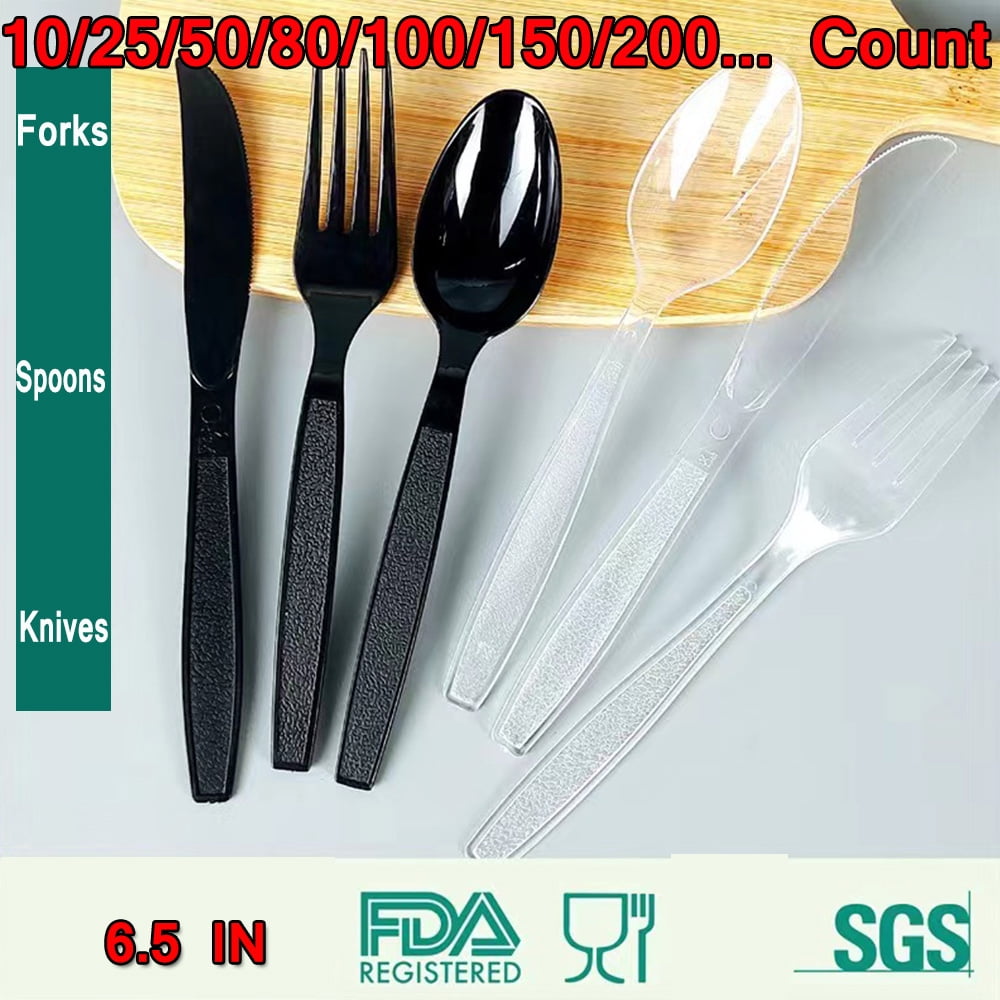 Clear Plastic Forks/Spoons/Knives| Heavy Duty Plastic Silverware | Fancy Plastic Cutlery | Elegant Disposable Forks/Spoons/Knives Pack | Bulk
