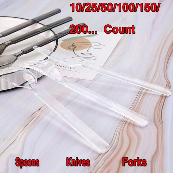 Clear Plastic Forks/Spoons/Knives - Heavyweight Disposable Forks/Spoons/Knives- 6.7inch Heavy Duty Clear Cutlery - Plastic Utensils - Perfect for Parties and Restaurants