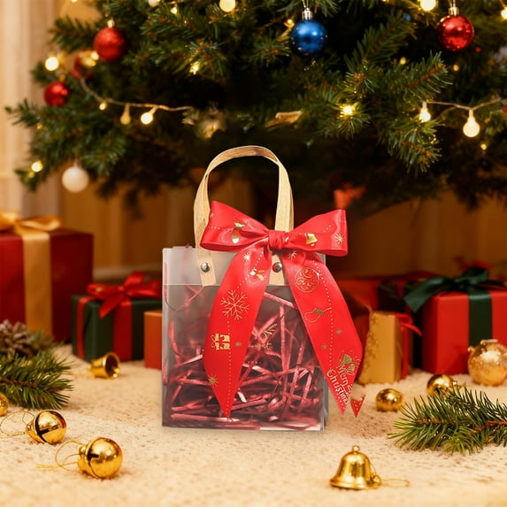 Clear Plastic Gift Bag with Handle for Christmas Gift Packaging - Transparent Gift Wrap Bag for Candy, Toys, Ornaments - Decorative Bow Embellishment