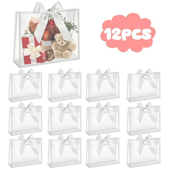 Clear Plastic Gift Bags with Die Cut Handles Graduation Reusable Flower Gift Bag with Ribbon for Wedding Birthday Party Business 12"x10"x5" 12 Pcs White