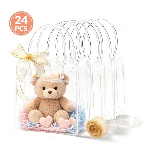 TickJOY Clear Gift Bags with Handles 9.8 x 7 x 2.7 Inches, 24 PCS Party Favor Bags with Ribbon, Goodie Bags Bulk for Weddings Birthdays Baby Showers Retail Gifts