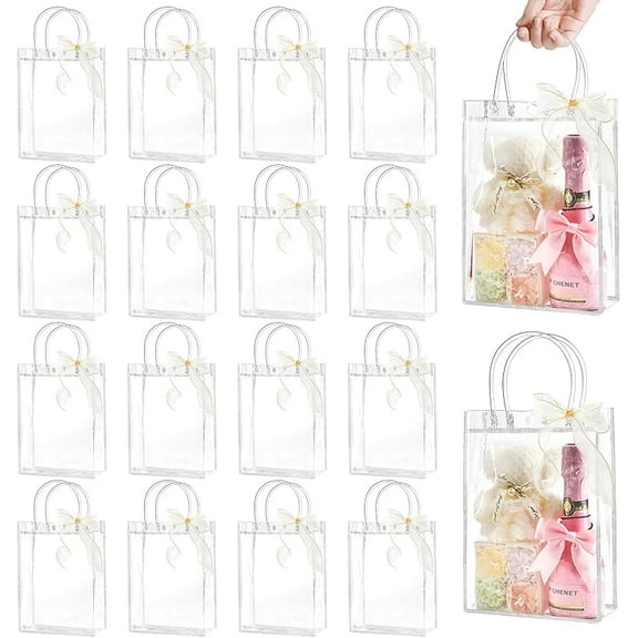 Clear Plastic Gift Bags with Handles, Reusable Party Favor Bags with Ribbon Transparent Gift Wrap Bags Bulk for Weddings Birthdays