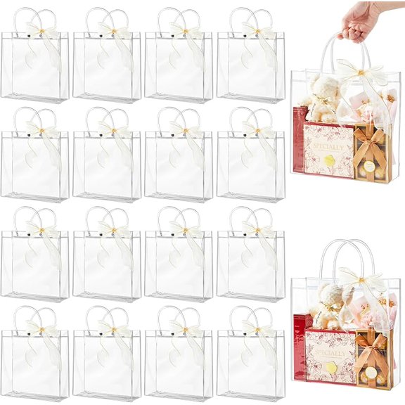 Clear Plastic Gift Bags with Handles, Reusable Party Favor Bags with Ribbon Transparent Gift Wrap Bags Bulk for Weddings Birthdays