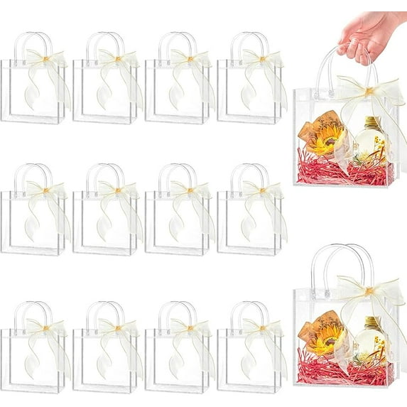 Clear Plastic Gift Bags with Handles, Reusable Party Favor Bags with Ribbon Transparent Gift Wrap Bags Bulk for Weddings Birthdays