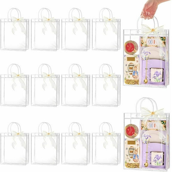 Clear Plastic Gift Bags with Handles, Reusable Party Favor Bags with Ribbon Transparent Gift Wrap Bags Bulk for Weddings Birthdays