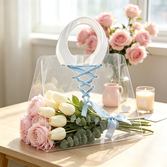 Clear Plastic Gift Bags with Handles Reusable Transparent Tote Bags Waterproof PVC Goodie Flower Bags for Wedding Birthday Bridal Shower 11.81x7.87in
