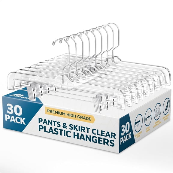 Clear Plastic Hangers - 30 Pieces 14 Inches Anti-Slip Space-Saving, Closet Organization Solution - Pants, Trousers, Skirts, Jeans Hangers with 360 Swivel Hook and Adjustable Clips - Clear