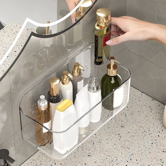 Clear Plastic Hanging Bathroom Organizer with Drainage Holes, Large Capacity Wall Mount Shelf for Cosmetics Storage, Adhesive No-drill Shower Caddy Keeps Items Dry