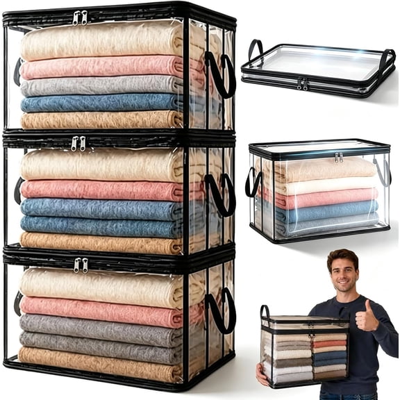 Clear Plastic Hinged Lid Storage Box Thick for Clothes Moving3Pcs*XL