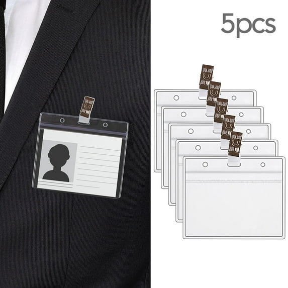 Clear Plastic Horizontal Name Tag Holder and Metal Badge Clip with Vinyl Straps Waterproof PVC ID Card Holders (5 Pack, Horizontal Large 3x4)