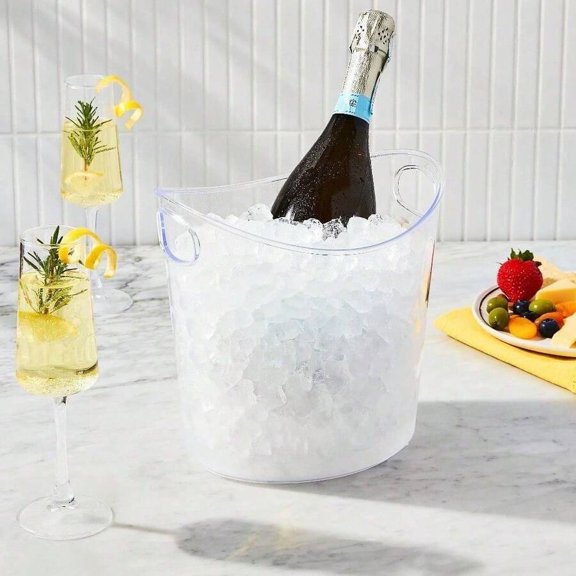Clear Plastic Ice Bucket with Handles, 4L Large Beverage Tub for Parties, Durable Acrylic Wine Chiller & Champagne Cooler, Leakproof Beverage Pail for Drinks