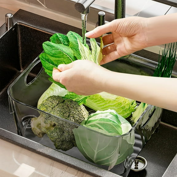 Clear Plastic Kitchen Sink Vegetable Washer Basket with Handle & Drain Plug | Large 10.6x10.35x6.1in Dishpan for Soaking, Washing & Draining Fruits & Dishes