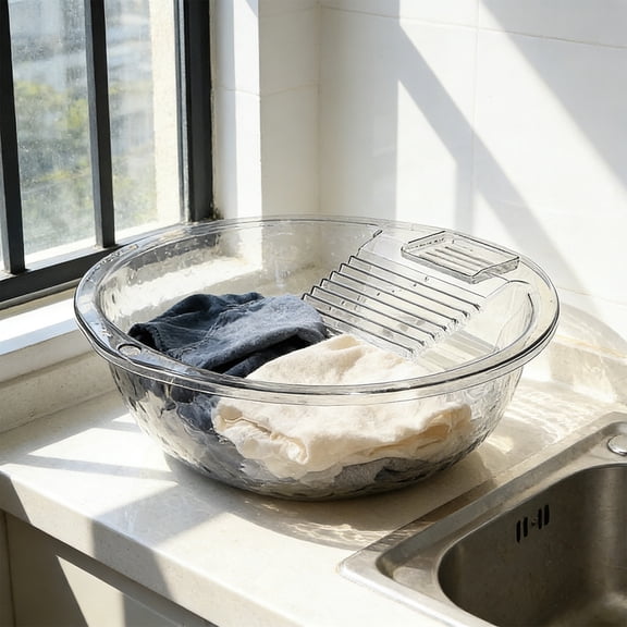 Clear Plastic Laundry Basin, Multi-Purpose Wash Tub, Large Capacity Water Bucket, Built-In Scrub Board, Durable Home Use, Stain Resistant, Space Efficient
