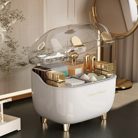 Clear Plastic Lipstick Storage Box with Lid | Dustproof Makeup Organizer for Lip Gloss & Cosmetics | Large Capacity Tabletop Cosmetic Holder | Gold or Silver