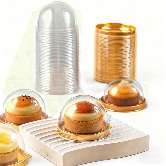 Clear Plastic Mini Cake Box, Round Cupcake Holders Plastic Egg-Yolk Puff Container Mooncake Dome Boxes Baking Packing Box (Gold, 3.1 inch,50 Set)