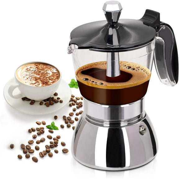 Clear Plastic Moka Pot 6 Cup 300ml Stainless Steel Coffee Maker Uncoated Stovetop Espresso Coffeemaker Italian Classic Style Brewing Greca Cafe Mocha Machine for Cafeteras Camping Travel Home Use