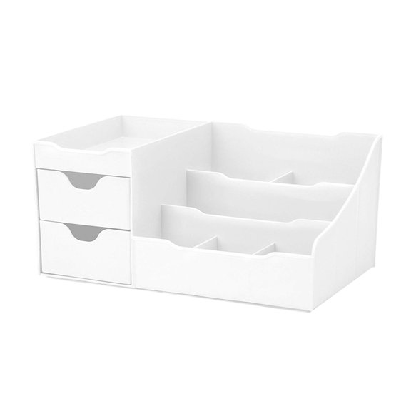 Clear Plastic；Multi-Functional Desktop Organizer with Drawers for Makeup; Office Supplies; and More Stylish White DesignPlastic Storage；Storage Bin；