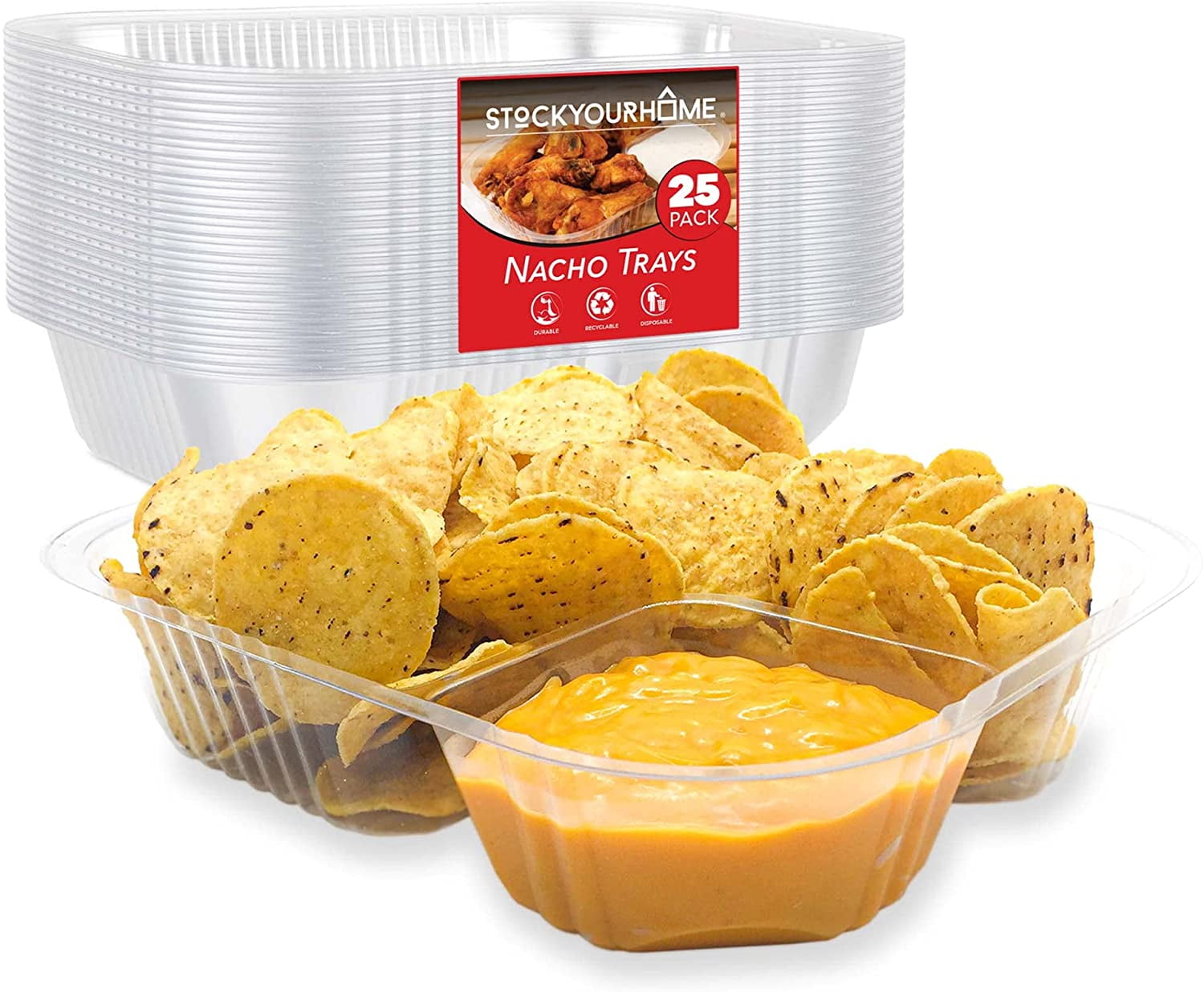 Clear Plastic Nacho Trays (25 Pack) Two Compartment Nacho Trays