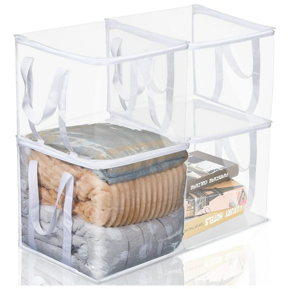 Clear Plastic Organizers Bags,Blanket Storage Bags with Zipper and Handles,Toys Storage Container,Cube Tote Storage Bin for Clothes Shoes,4 Pcs,12 x 12 x 12 inch