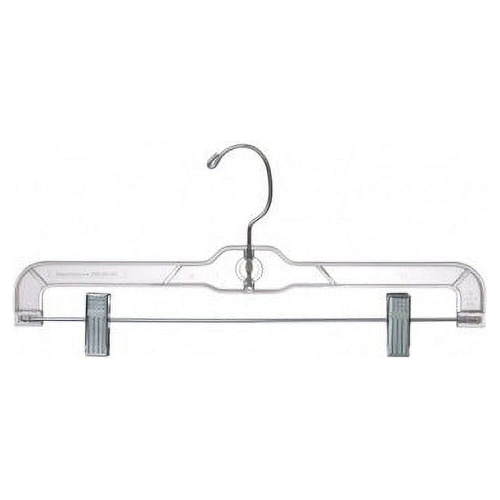 Clear Plastic Pant/Skirt Hanger w/ Clips.Come with a polished steel swivel hook and strong metal clips with cushions for hanging