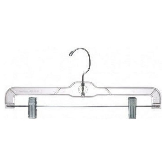 Clear Plastic Pant/Skirt Hanger w/ Clips.Come with a polished steel swivel hook and strong metal clips with cushions for hanging