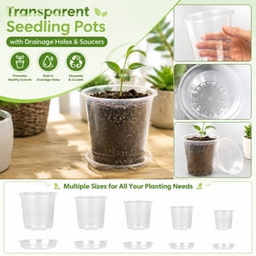 Clear Plastic Plant Pots with Drainage Holes 5 Inch, Transparent Seed Starting Nursery Pot with Plastic Plant Saucer for Seedlings, Small Planter Pot for Home Gardening