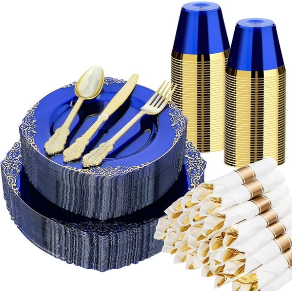 Clear Plastic Plates for 50 Guests, Disposable Dinnerware Sets Include 50 Gold Rim Plastic Plates, 25 Silverwares, 25 Cups, and 25 Pre Rolled Napkins for Party, Wedding and Graduation
