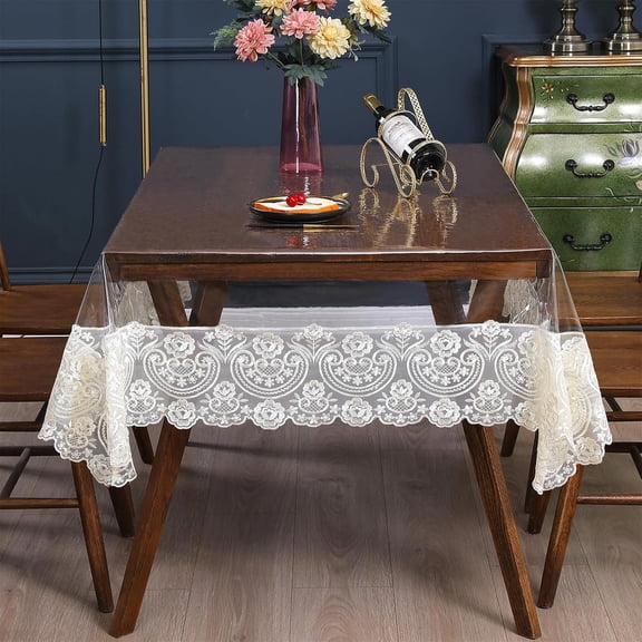 Clear Plastic Rectangle Tablecloth Vinyl Waterproof Table Cloth Embroidered Lace Edge Transparent Table Cover for Dining Kitchen Outdoor(60 x 106 inch, Off White)