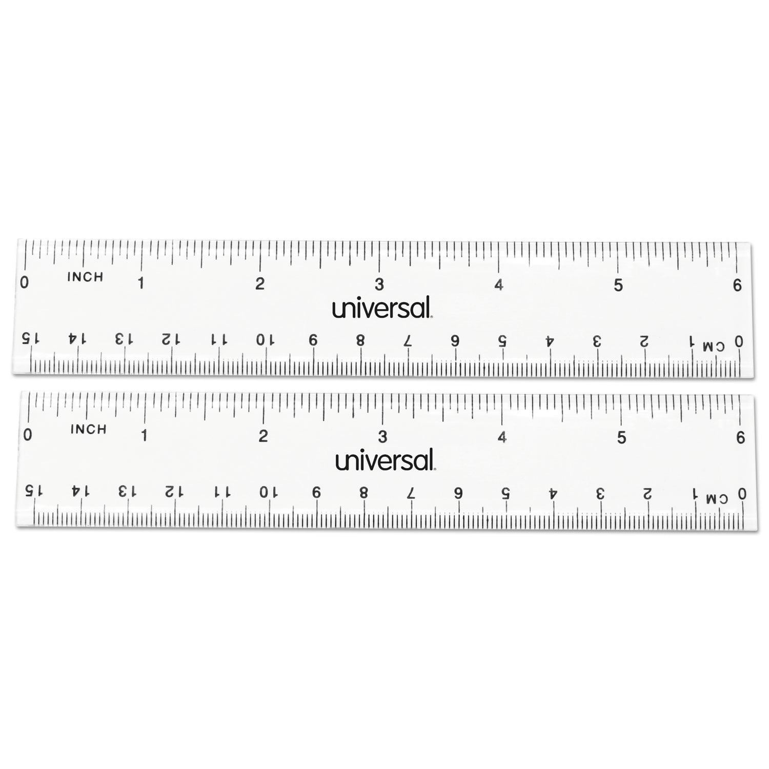 Universal UNV59025 6 in. Long Standard/Metric Plastic Ruler - Clear (2/Pack)
