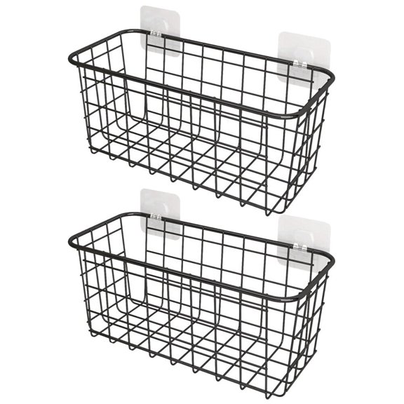 Clear Plastic；Set of 2 Wall Mounted Wire Storage Baskets with Adhesive Hooks; Black Metal Organizer for Kitchen; Bathroom; or OfficePlastic Storage；Storage Bin；