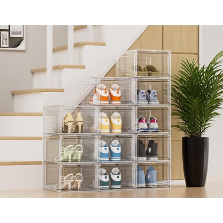 Clear Plastic Shoe Box with Lid, 6 Pack Stackable Storage for Size 13
