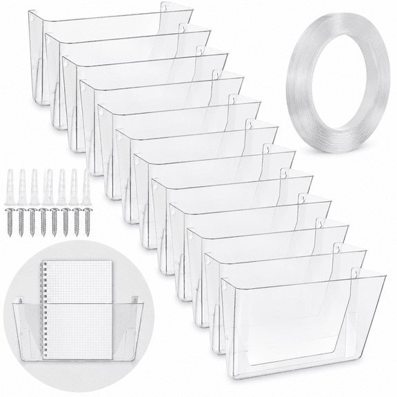 Clear Plastic Single Pocket Wall Mount File Organizer, 12 Pack for Office Home Classroom