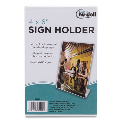 Clear Plastic Slanted L-Shaped Countertop Sign Holder, Side-Load, Horizontal/Vertical Orientation, 4 | Bundle of 2
