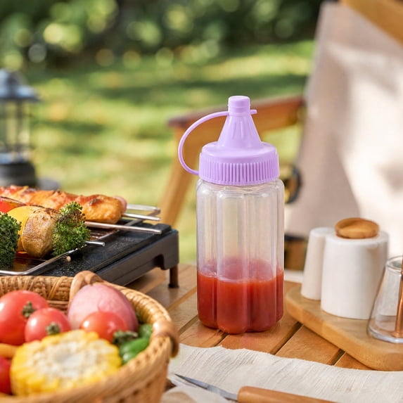 Clear Plastic Squeeze Condiment Dispenser, Travel‑friendly Sauce Bottle with Flip‑Top Lid for Salad Dressing, Ketchup, Mustard and Liquid Seasonings (Purple)