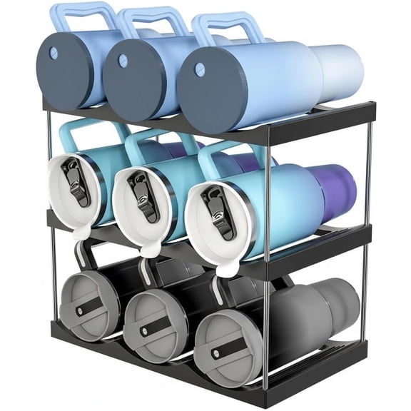 Clear Plastic Stackable Bottle Storage Rack, 9 Bottle Water Bottle Organizer Wine Holder, Kitchen Cabinet Pantry Countertop Organizer, No Tools Easy Assembly Fits 40oz Bottles (Three Floors)