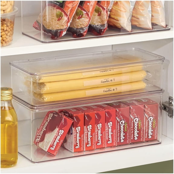 Clear Plastic Stackable Hinged-Lid Storage Box Set of 2 - Smart Kitchen Pantry Organizer